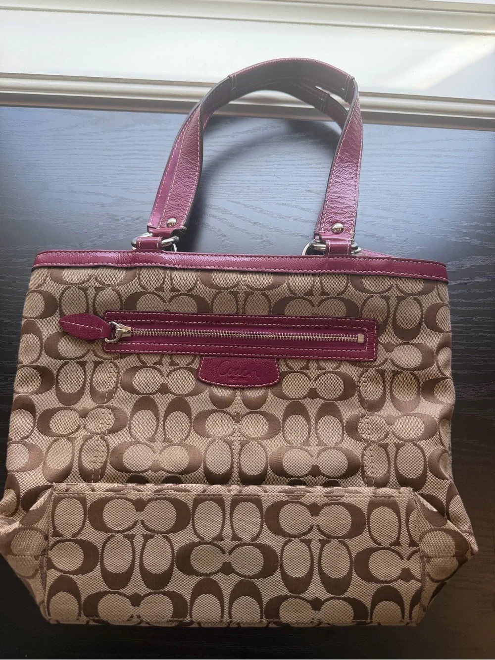 Coach Penelope Signature Canvas Tote with Berry Leather Trim Y2K F14693